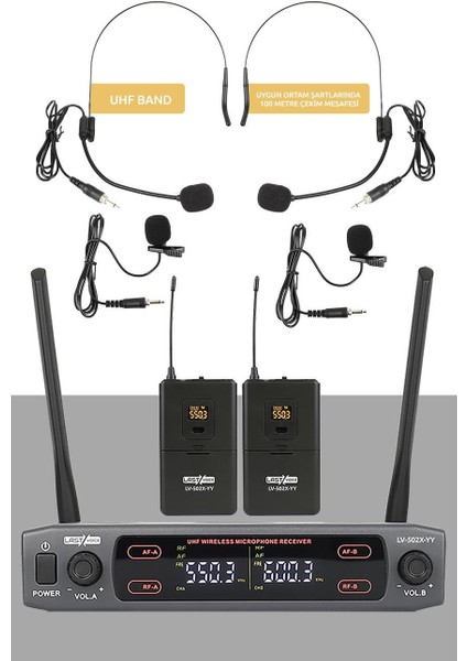 Lv-502Y UHF Dijital 2x30 Kanal Çiftli Yaka Telsiz Kablosuz Mikrofon (Headset Hediyeli)
