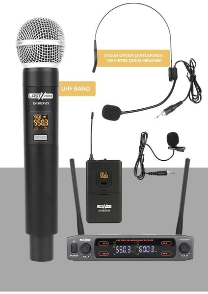 Lv-502EH UHF Dijital 2x30 Kanal Çiftli EL Yaka Headset Telsiz Kablosuz Mikrofon