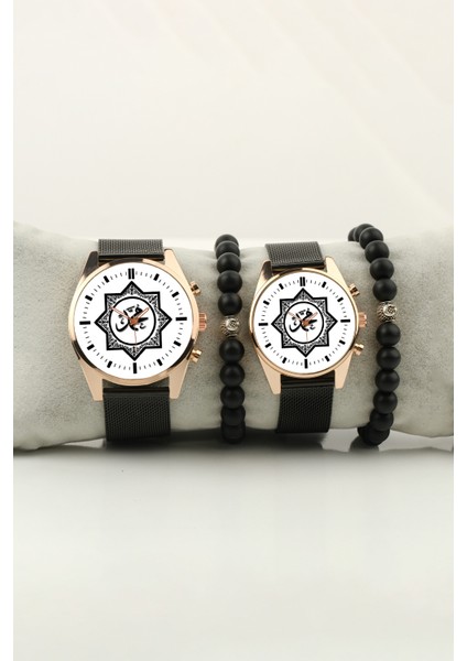 Hz Muhammed Yazılı Tasarım Gold Kasa Bileklik Set Kadın Kol Saati ve Erkek Kol Saati