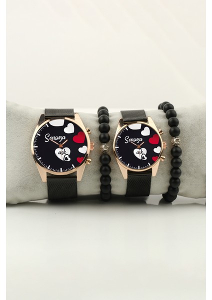 Sonsuz Aşk Kalpler Gold Bileklik Set Kadın Kol Saati ve Erkek Kol Saati