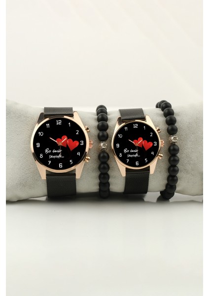 Bir Ömür Seninle Çift Kalp Gold Bileklik Set Kadın Kol Saati ve Erkek Kol Saati