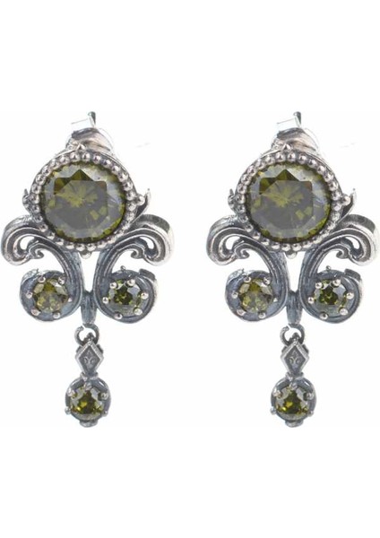 925 Ayar Gümüş Peridot Taşlı Sallantılı Antik Küpe