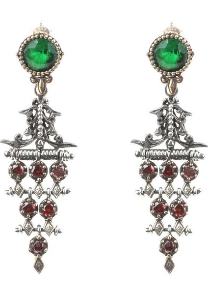 925 Ayar Gümüş Antik Zümrüt ve Garnet Taşlı Avize Küpe