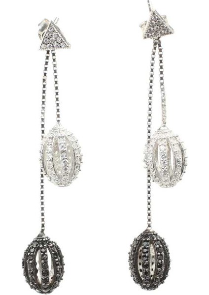 925 Ayar Gümüş Oval Top Zirkon Taşlı Sallantılı Çivi Küpe