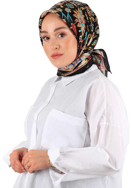 Siyah Bej Çini Lale Desen Ipek Eşarp fiyatları
