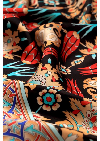 Siyah Bej Çini Lale Desen Ipek Eşarp modelleri