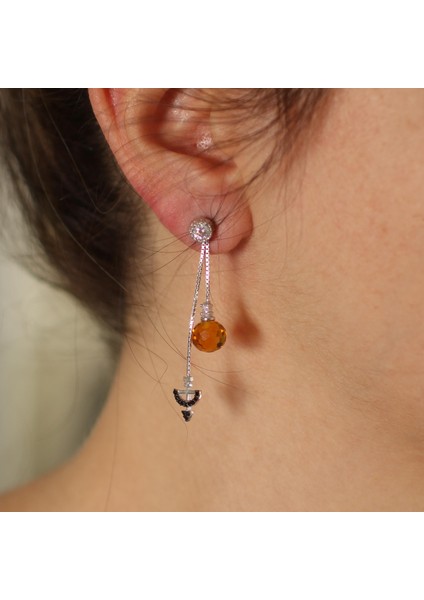 925 Ayar Gümüş Ok Yay ve Sitrin Taşlı Sallantılı Çivi Küpe