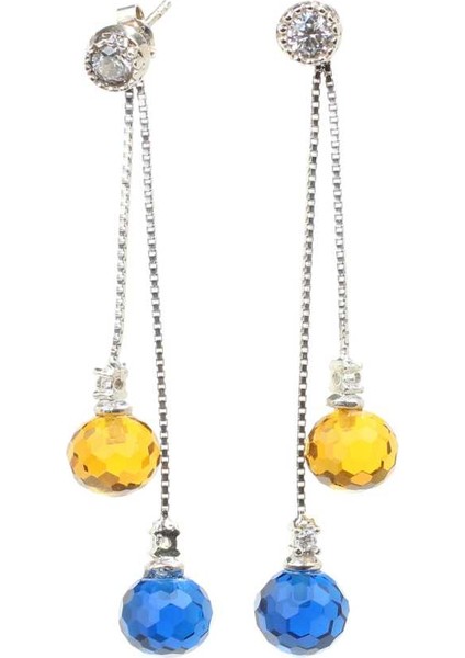 925 Ayar Gümüş Sitrin ve Safir Taşlı Sallantılı Çivi Küpe