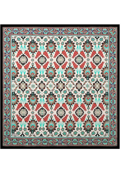 Siyah Beyaz Çini Lale Desen Ipek Eşarp