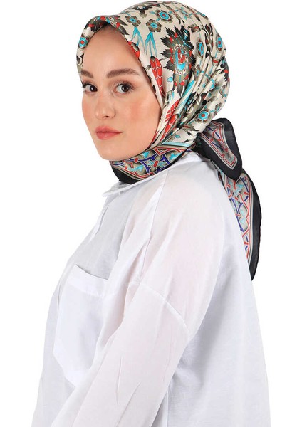 Siyah Beyaz Çini Lale Desen Ipek Eşarp fiyatları