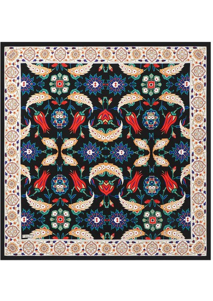 Siyah Ekru Efes Desen Ipek Eşarp