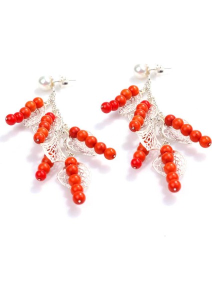 925 Ayar Gümüş Yapraklı Mercan Taşlı Küpe modelleri