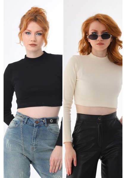 Siyah-Ekru 2'li Paket Dik Yaka Fitted/vücuda Oturan Crop Fitilli Esnek Örme Bluz