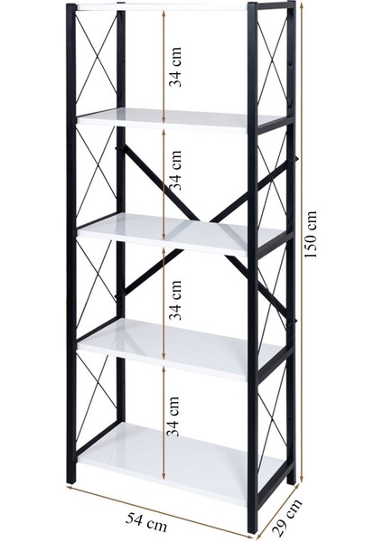 AKIS HOME Dekoratif Kitaplık 5 Raflı Metal Ayaklı