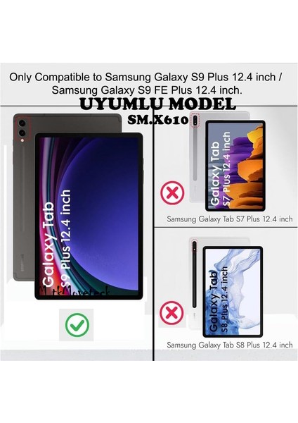 MTK Moveteck Samsung Galaxy Tab S9 Fe+ Plus 12.4 Inç SM-X610 Tablet Kılıfı Kalem Yuvalı Bölmeli Akıllı Yumuşak Silikon Kılıf Uyku Modlu