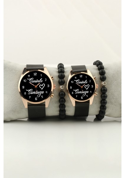 Seninle Sonsuza Siyah Zemin Gold Kasa Sevgili Bileklik Set Kadın Kol Saati ve Erkek Kol Saati