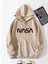 Bej Nasa Baskılı Oversize Kapüşonlu Erkek Sweatshirt 1