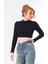 Siyah-Ekru 2'li Paket Dik Yaka Fitted/vücuda Oturan Crop Fitilli Esnek Örme Bluz 4
