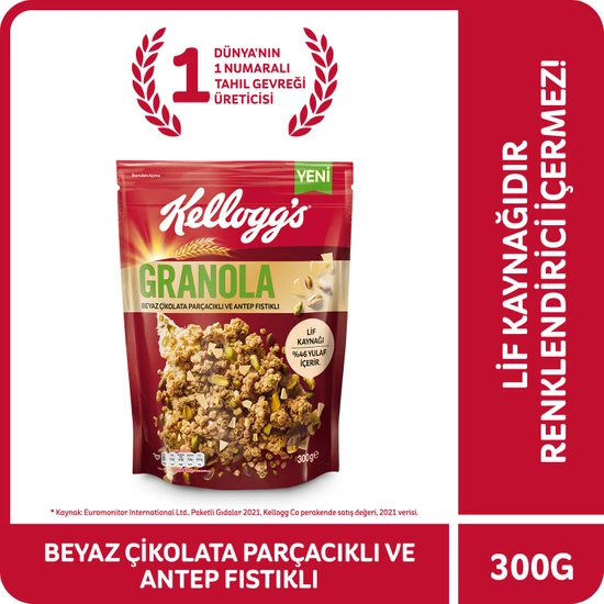 Kellogg's Granola Beyaz Çikolata Parçacıklı ve Antep Fıstıklı 300 Gr; 46% Yulaf İçerir