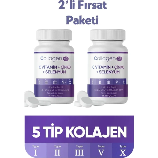 Collagen Life 2'li Fırsat; 5 Tip Kolajen Tip 1 Tip 2 Tip 3 Tip 5 Tip 10, Selenyum , C Vitamini ve Çinko 180 Tablet