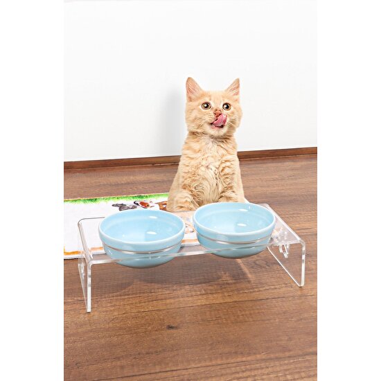 Goby Pet Kedi ve Köpek Dekoratif 2'li Seramik Pleksi Mama & Su Kabı + Kedi Paspası Mavi