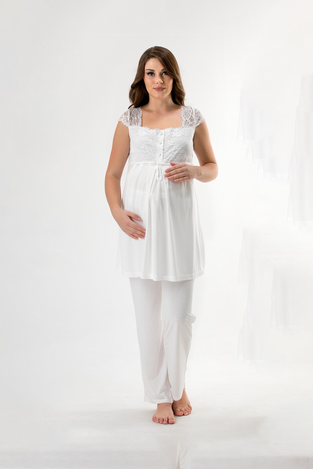 Kemtex Ekru Askılı Kısa Kollu Hamile Lohusa Pijama Takımı 3'lü Set görsel 2