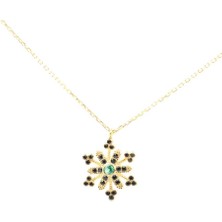 925 Ayar Sarı Gümüş Çiçekli Kar Tanesi Kolye, Siyah ve Yeşil Taş