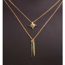 925 Ayar Gümüş Bar ve Kutup Yıldızlı Çift Zincir Kolye, Sarı