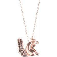 925 Ayar Gümüş Sincap Kolye, Pembe - Siyah Taş