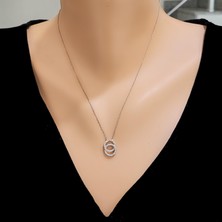 925 Ayar Gümüş Çift Halka Modeli Kolye, Pembe - Beyaz Taş