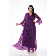 Işıltı Abiye Kadın Simli Tül Kruvaze Yaka Uzun Kol Uzun Abiye