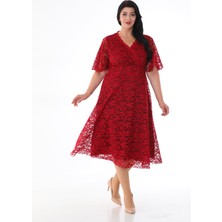 Işıltı Abiye Kadın Dantelli Kruvaze Yaka Yarım Kol Midi Abiye