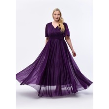 Mor Renk Işıltı Abiye Simli Tül Uzun Elbise Düğün Nişan Kına Mezuniyet İçin Zarif Stil