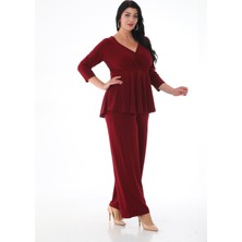 Işıltı Abiye Kruvaze Yaka Bordo Pantolon-Bluz Takım Şık Stil Özel Olay İçin
