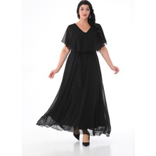 Işıltı Abiye V Yaka Şifon Uzun Elbise