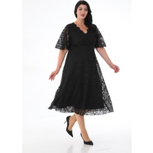 Işıltı Abiye Kadın Dantelli Kruvaze Yaka Yarım Kol Midi Abiye