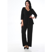 Işıltı Abiye Kruvaze Yaka Pantolon-Bluz Takım Büyük Beden Kadın Rahat Silüet