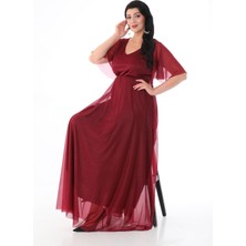 Işıltı Abiye Kadın V Yaka Simli Tül Yarım Kol Uzun Abiye