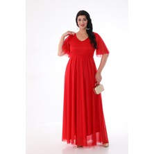 Işıltı Abiye Kadın V Yaka Simli Tül Yarım Kol Uzun Abiye