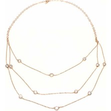 925 Ayar Gümüş Üç Sıra Zincirli Kolye, Pembe - Beyaz Taş