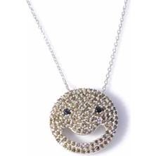 925 Ayar Gümüş Gülen Yüz Kolye, Beyaz - Sarı, Siyah Taş