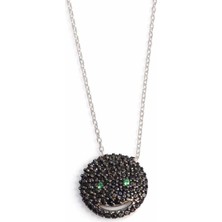 925 Ayar Gümüş Gülen Yüz Kolye, Beyaz - Siyah Yeşil Taş