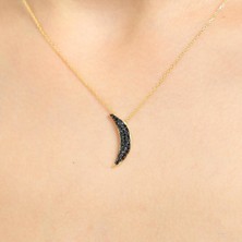 925 Ayar Gümüş Ay Kolye, Sarı - Siyah Taş