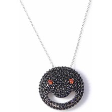 925 Ayar Gümüş Gülen Yüz Kolye, Beyaz - Siyah Kırmızı Taş