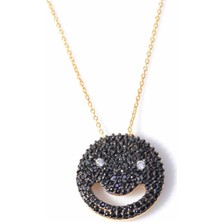 925 Ayar Gümüş Gülen Yüz Kolye, Sarı - Siyah, Beyaz Taş