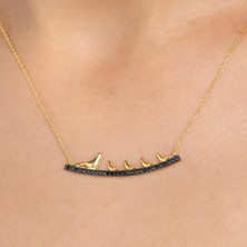 925 Ayar Gümüş 5 Güvercinli Kolye, Sarı - Siyah Taş