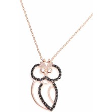 925 Ayar Gümüş Baykuş Kolye, Pembe - Siyah Beyaz Taş