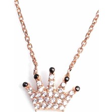 925 Ayar Gümüş Taç Kolye, Pembe, Siyah - Beyaz Taş