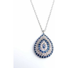 925 Ayar Gümüş Nazar Damla Kolye, Beyaz - Beyaz, Mavi Taş