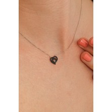 925 Ayar Gümüş İçiçe Kalp Kolye, Beyaz - Siyah Taş